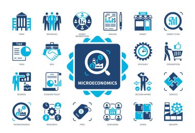 Mikroekonomi simgesi seti. Ekonomi Politikası, Tüketim, Tüketiciler, Kaynaklar, Vergiler, Pazar Çalışması, Endüstri, Firmalar, Bireyler. Duotone renk katı simgeleri