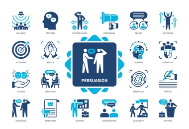 Persuasion icon set. Influence, Decision Making, Propaganda, Beliefs, Opinion, Attraction, Advertising, Rhetoric, Attitudes. Duotone color solid icons clipart