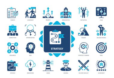 Strateji simgesi ayarlandı. Hedefler, Liderlik, Planlama, Stratejik Düşünce, Genel, Başarı, Fırsatlar, Fikirler. Duotone renk katı simgeleri