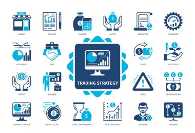 Takas stratejisi simgesi seti. Menkul Kıymetler, Kısa Satış, Planlama, Çeşitlendirme, Piyasa, Borsa, Kâr, Analiz. Duotone renk katı simgeleri