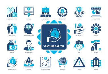 Venture Capital simgesi hazır. Gelişmekte olan şirketler, Girişim, İş, Yatırım, Ortaklık, Hisseler, Stratejik Düşünce, Kâr. Duotone renk katı simgeleri