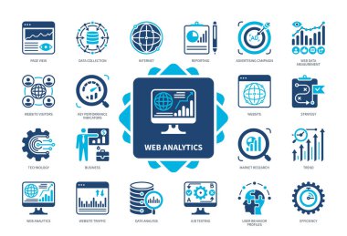 Web Analitik simgesi seti. Teknoloji, Verimlilik, Web Trafik Ölçümü, Habercilik, Trend, Sayfa Görünümü, Pazar Araştırması, Veri Toplama. Duotone renk katı simgeleri