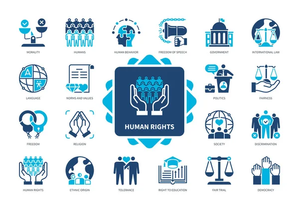 Conjunto Iconos Derechos Humanos Comportamiento Humano Religión Justicia Origen Étnico — Archivo Imágenes Vectoriales