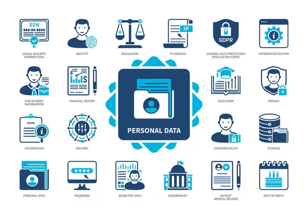 Conjunto Ícone Dados Pessoais Informações Dados Biométricos Regulamento Identidade Número — Vetor de Stock