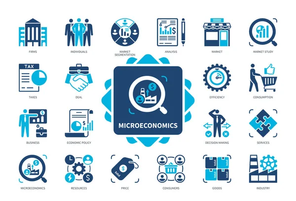 Microeconomics Icon Set Economic Policy Consumption Consumers Resources Taxes Market — Stock Vector