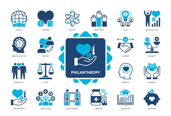 Conjunto Iconos Filantropía Altruismo Calidad Vida Sinceridad Empatía Ética Hospitalidad — Archivo Imágenes Vectoriales
