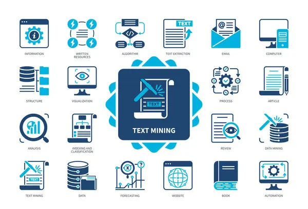 stock vector Text Mining icon set. Written Resources, Data Mining, Text Extraction, Algorithm, Analysis, Process, Article, Forecasting. Duotone color solid icons