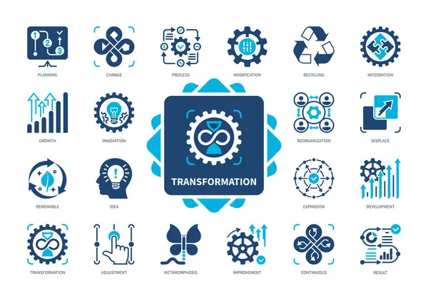 Transformation Icon Set Metamorphosis Modification Process Integration Change Innovation Displace — Stock Vector
