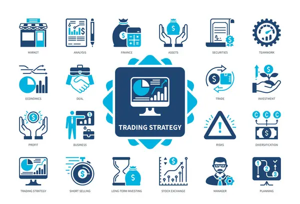 stock vector Trading Strategy icon set. Securities, Short Selling, Planning, Diversification, Market, Stock Exchange, Profit, Analysis. Duotone color solid icons