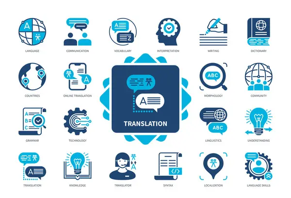 Übersetzungssymbole Gesetzt Sprachkenntnisse Lokalisierung Kommunikation Online Übersetzung Dolmetschen Wissen Grammatik — Stockvektor