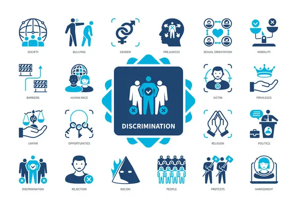 Conjunto Iconos Discriminación Racismo Acoso Sociedad Religión Orientación Sexual Moral Gráficos vectoriales