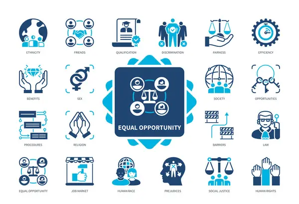 Juego Iconos Igualdad Oportunidades Etnia Derechos Humanos Discriminación Sexo Raza Vectores de stock libres de derechos