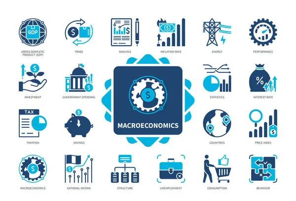 Conjunto Iconos Macroeconómicos Ingresos Nacionales Inversión Impuestos Consumo Tasa Inflación Ilustraciones de stock libres de derechos