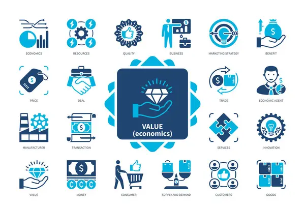 Conjunto Iconos Valor Economía Fabricación Clientes Bienes Estrategia Marketing Servicio Gráficos vectoriales