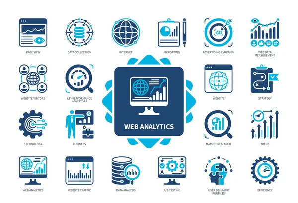 Web Analytics Ikon Készlet Technológia Hatékonyság Web Traffic Measurement Reporting Stock Vektor