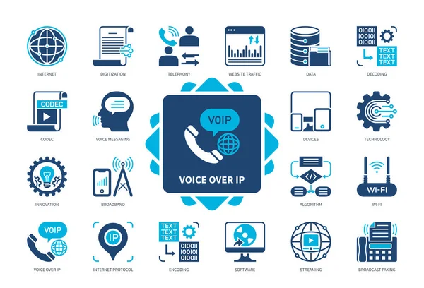 Voice Voip Ikon Készlet Eszközök Codec Streaming Szélessávú Hangüzenetek Internetes Jogdíjmentes Stock Vektorok