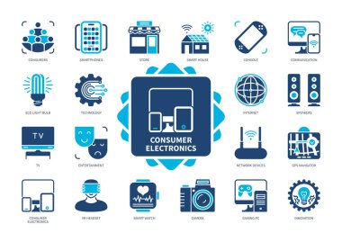 Tüketici Elektronik simgesi seti. Akıllı telefonlar, GPS Navigator, Teknoloji, Kamera, Yenilik, Akıllı Saat, Eğlence, Akıllı Ev. Duotone renk katı simgeleri