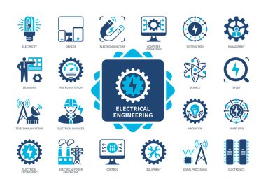 Elektrik Mühendisliği ikonu hazır. Elektrik, elektromanyetizma, enstrümantasyon, tasarım, çalışma, elektronik, telekomünikasyon, bilim. Duotone renk katı simgeleri
