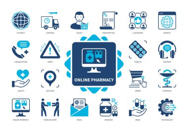Çevrimiçi Eczane ikonu seti. Eczane, Sipariş, Ev Teslimatı, Web Sitesi, Danışmanlık, İlaç, Nakliye, Uyuşturucu. Duotone renk katı simgeleri