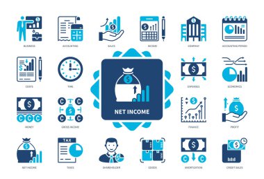 Net gelir simgesi ayarlandı. Muhasebe, İşletme, Vergi, Para, Finans, hissedar, brüt gelir, Amortisman. Duotone renk katı simgeleri