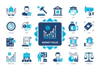 Pazar Değer simgesi seti. Mal varlığı, Pazarlama, Kâr, Menkul Kıymetler, Ticaret, Finansal Piyasalar, İşlem, Gayrimenkul. Duotone renk katı simgeleri