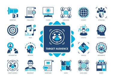 Hedef izleyici simgesi ayarlandı. Pazarlama, Cazibe, Müzik, Gol, Yaşam Tarzı, Sosyal Medya, Psikolojik, Demografik. Duotone renk katı simgeleri