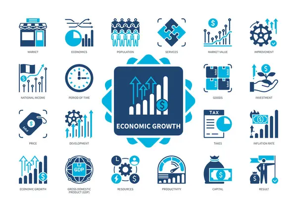 Ekonomisk Tillväxt Ikon Set Nationalinkomst Produktivitet Utveckling Marknadsvärde Skatter Pris — Stock vektor