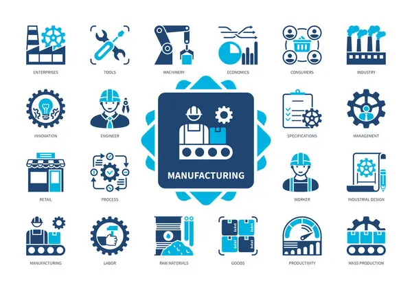 Manufacturing Icon Set Enterprises Machinery Industry Engineer Productivity Raw Materials — Stock Vector