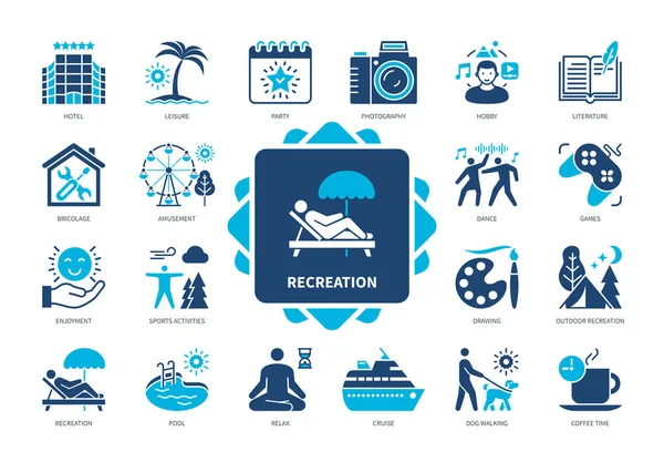 Recreation icon set. Leisure, Amusement, Outdoor Recreation, Dance, Hobby, Relax, Cruise, Bricolage. Duotone color solid icons