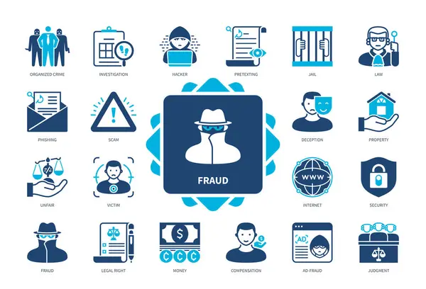 Csalás Ikon Készlet Megtévesztés Jogvédelem Internet Biztonság Tulajdon Csalás Áldozat Stock Illusztrációk