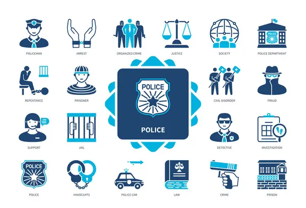 Rendőrségi Ikon Beállítva Letartóztatás Bűnözés Igazságszolgáltatás Rendőrautó Nyomozó Bilincs Polgári Jogdíjmentes Stock Illusztrációk