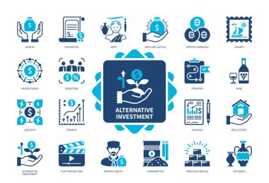 Alternatif Yatırım simgesi seti. Yatırım Fonu, Emtialar, Antikalar, Mal Varlıkları, Girişim Sermayeleri, Özel Sermaye, Analiz, Sanat. Duotone renk katı simgeleri