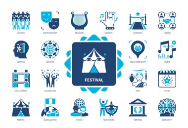 Festival ikonu seti. Küreselleşme, Kültür, Halk Dansları, Sosyalleşme, Kutlama, Topluluk, Kaçış, Konser. Duotone renk katı simgeleri