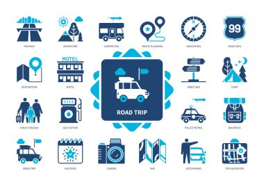 Yol gezisi simgesi seti. Macera, Otoyol, Aile Tatili, Motel, Benzin İstasyonu, Otostop, Navigasyon, Harita. Duotone renk katı simgeleri
