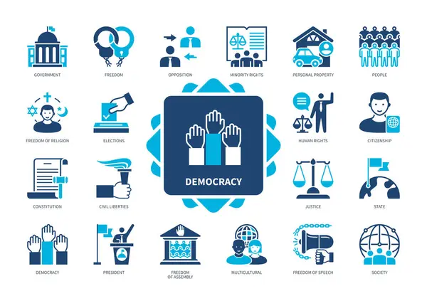 Set Icone Della Democrazia Libertà Costituzione Diritti Delle Minoranze Elezioni — Vettoriale Stock