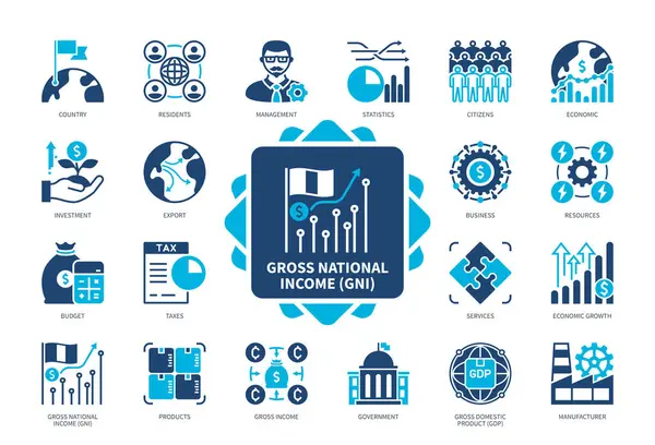 stock vector Gross National Income GNI icon set. Investment, Citizens, Export, Economic Growth, Government, Resources, Budget, Residents. Duotone color solid icons