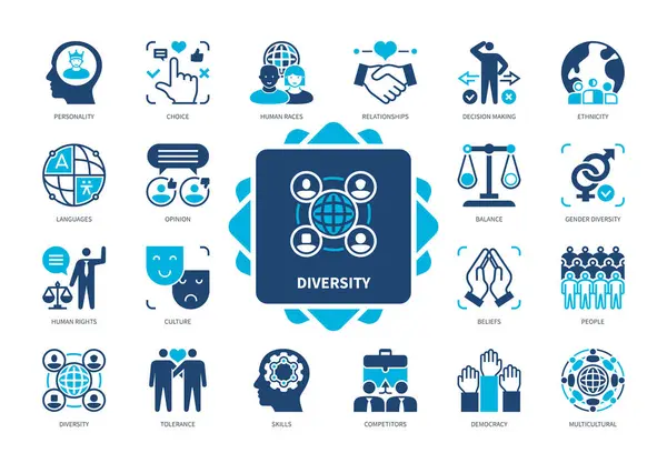 Diversiteit Pictogram Ingesteld Persoonlijkheid Etniciteit Advies Genderdiversiteit Multicultureel Talen Menselijke Rechtenvrije Stockvectors