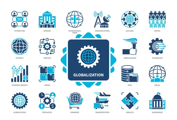 Ikona Globalizace Nastavena Komunikace Mezinárodní Obchod Doprava Sociální Kulturní Společnost Stock Vektory