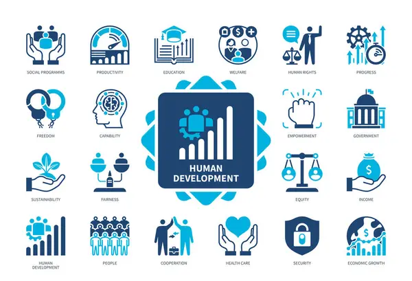 Набор Значков Человеческого Развития Производительность Правительство Прогресс Социальные Программы Возможности Лицензионные Стоковые Иллюстрации