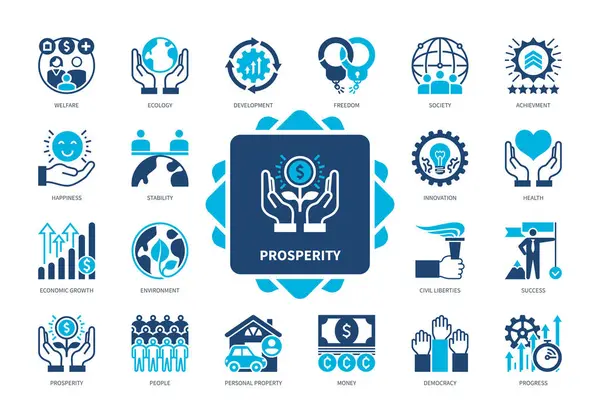 Conjunto Iconos Prosperidad Libertad Progreso Desarrollo Crecimiento Económico Estabilidad Bienestar Gráficos Vectoriales