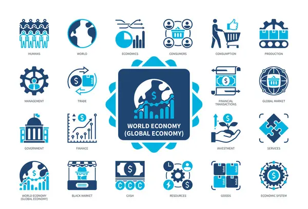 World Economy Icon Set Government Finance Trade Investment Consumption Production Stock Vector