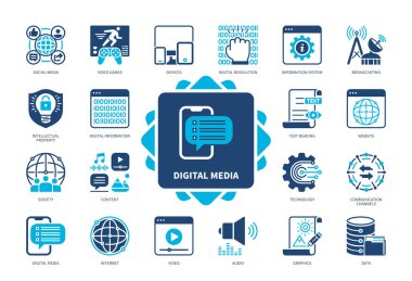 Dijital Ortam simgesi seti. Yayın, Dijital Devrim, Teknoloji, İçerik, Toplum, İnternet, Web Sitesi, Sosyal Medya. Duotone renk katı simgeleri