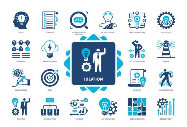 Ideation icon set. SCAMPER, Five Whys, Brainstorming, Idea Mapping, Body storming, Decision Matrix, Brain writing, Innovation. Duotone color solid icons clipart