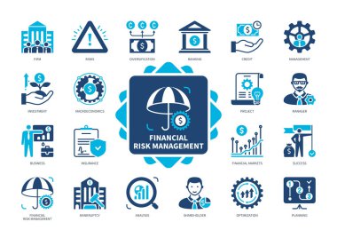 Finansal Risk Yönetimi simgesi seti. Firma, Yönetim, Kredi, İflas, Hissedar, Yatırım, Analiz, Başarı. Duotone renk katı simgeleri