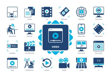 Video simgesi seti. Cihazlar, Video Düzenleme, Altyazılar, Film Yapımı, Sinema, Kamera, Playback, Yayın. Duotone renk katı simgeleri