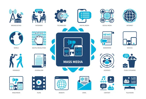 Conjunto Iconos Mass Media Medios Digitales Internet Audiencia Televisión Contenido — Vector de stock