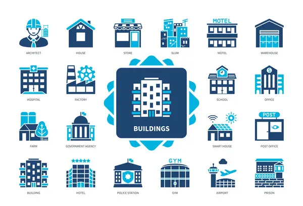 Buildings Icon Set Architect Slum Government Agency Office Hotel Airport Stock Illustration