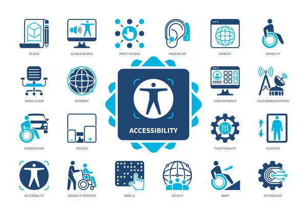 Set Ikon Aksesibilitas Direct Access Disability Braille Disabled Car Hearing Stok Ilustrasi Bebas Royalti