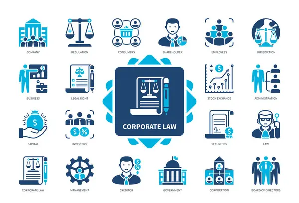 Gesellschaftsrecht Icon Gesetzt Regulierungen Verbraucher Gerichtsbarkeit Investoren Unternehmen Verwaltung Wertpapiere lizenzfreie Stockillustrationen
