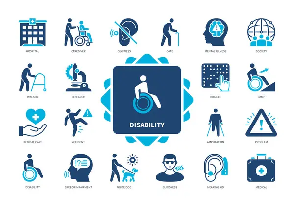 Disability Icon Set Deafness Mental Illness Amputation Blindness Guide Dog Stock Vector